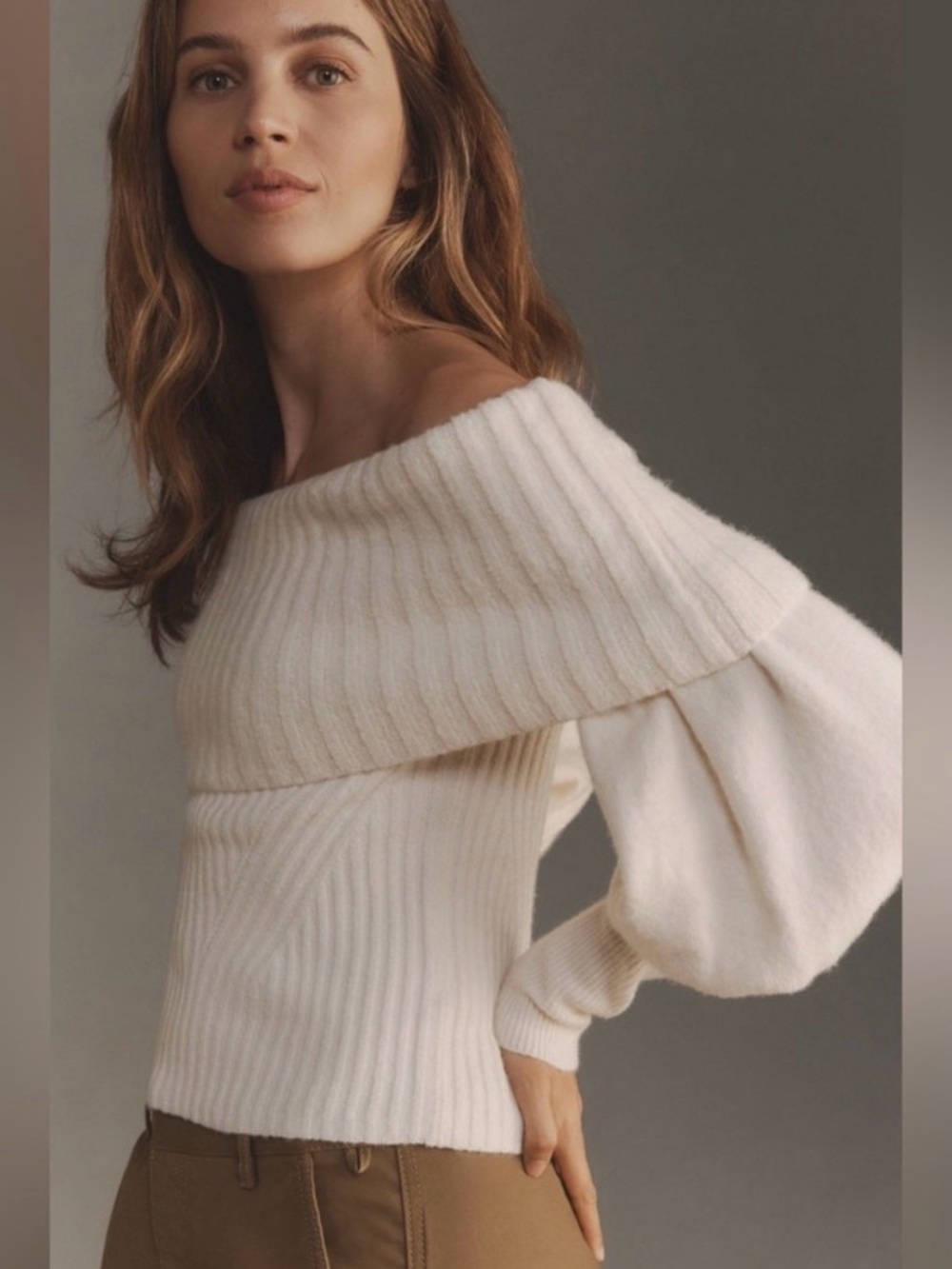 Off-Shoulder Ribbed Sweater in White - Picture 2 of 3